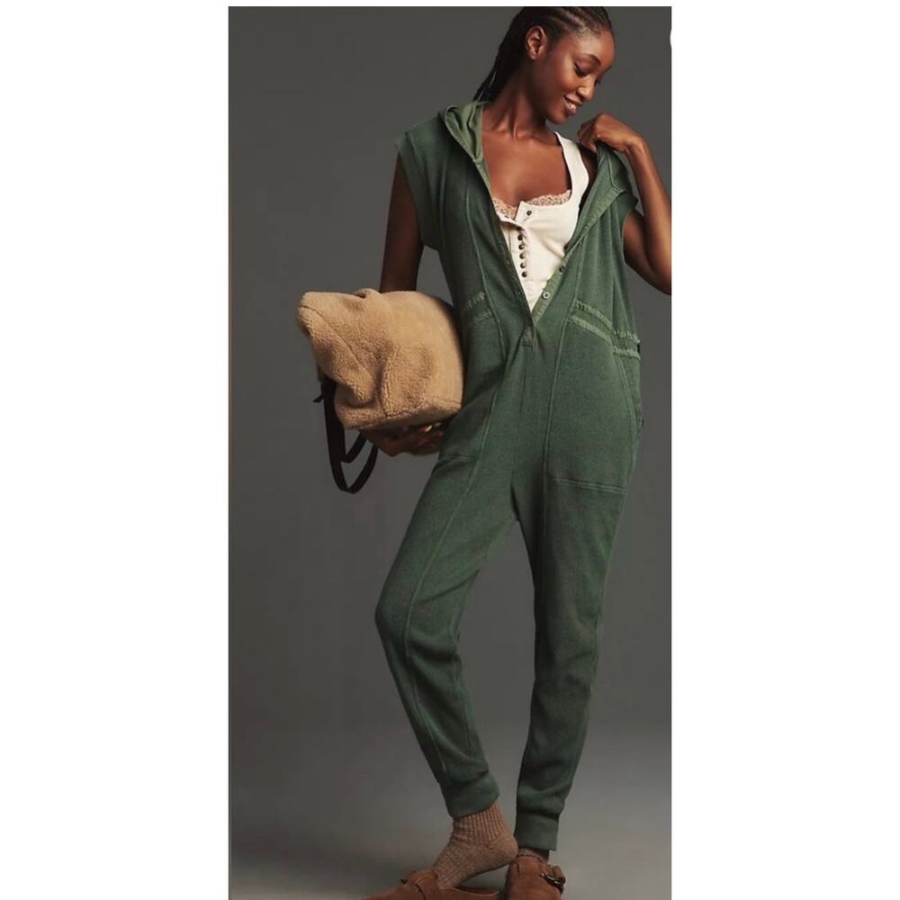 Anthropologie Daily Practice Vapor Waffle Knit Jumpsuit Olive Green Hooded